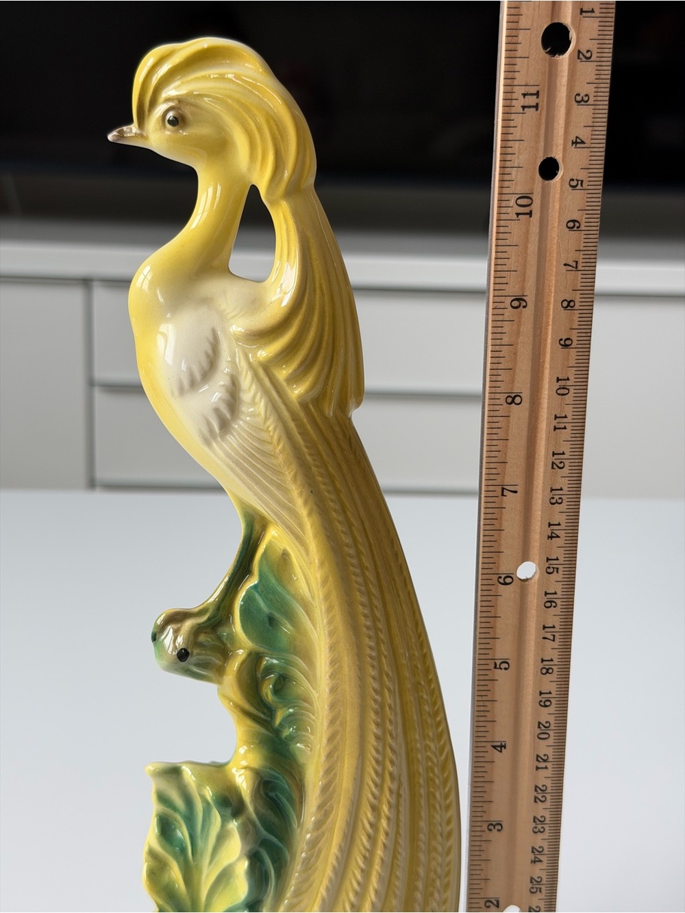 Vintage Ceramic Peacock Figurine Yellow Glossy Mid-Century Decor Bird Statue - Picture 9 of 11